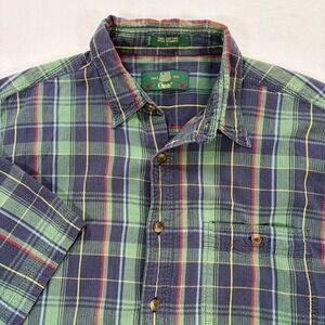 Orvis Mens Large Green Navy Plaid Cotton Short Sleeve Button Down Shirt